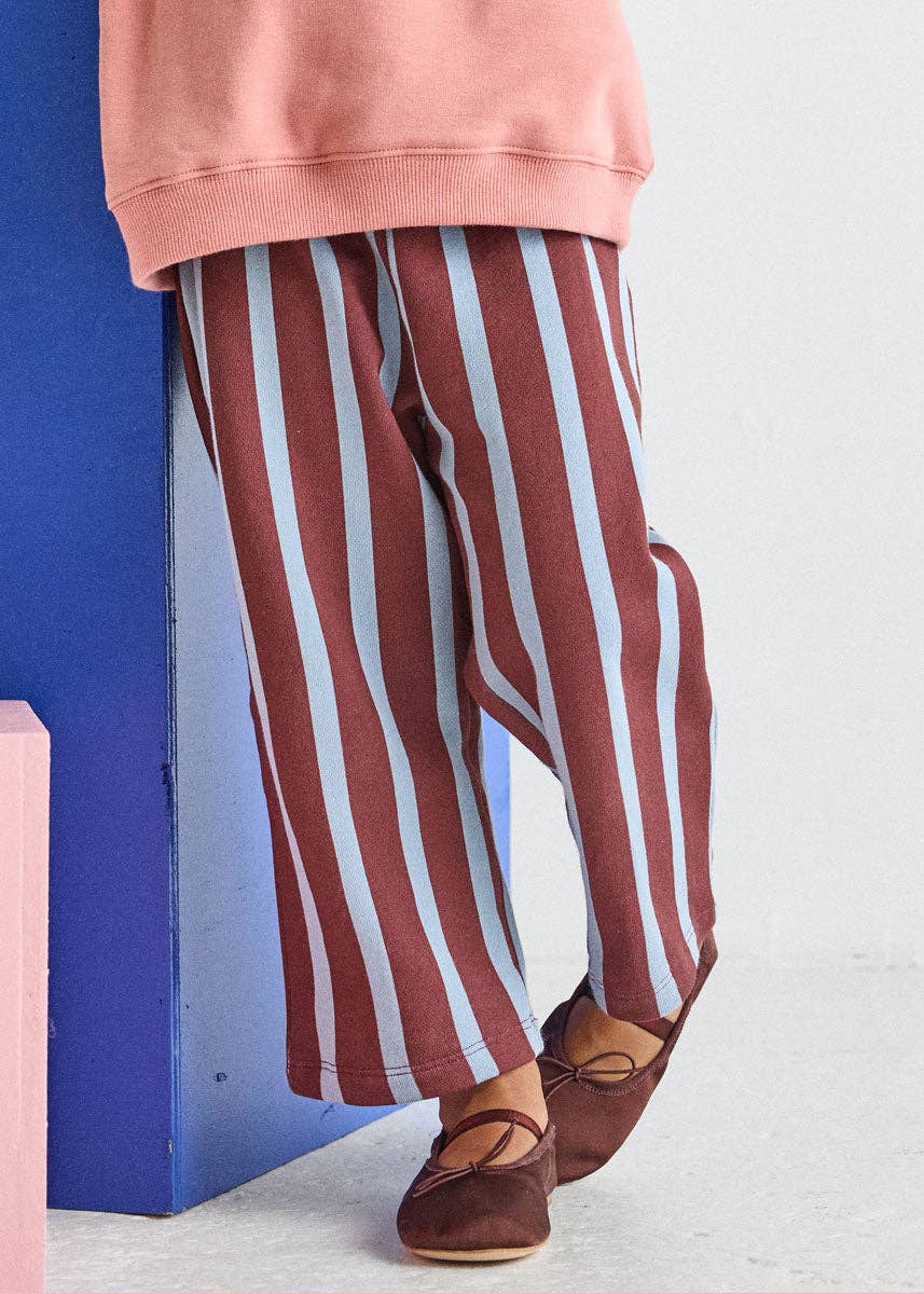 Burgundy and blue striped toddler pants, worn cuffed or uncuffed