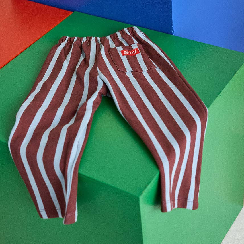 Unisex striped kids pants in burgundy and blue cotton French terry