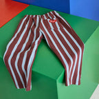Unisex striped kids pants in burgundy and blue cotton French terry