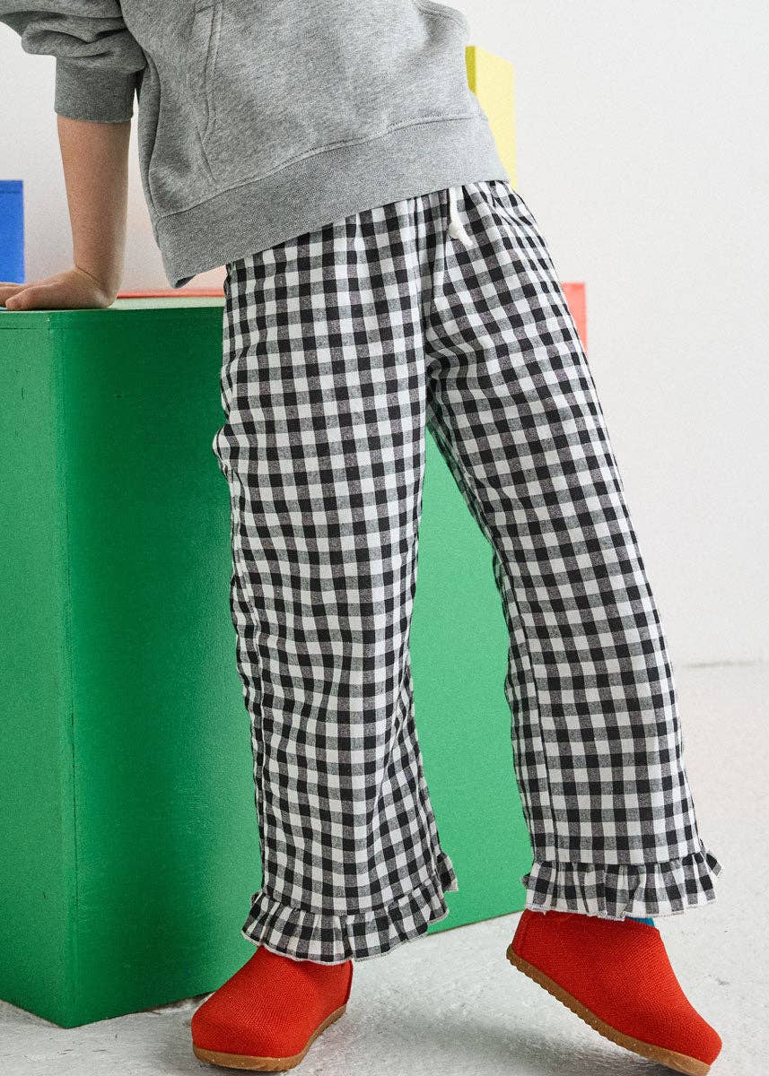 Toddler gingham pants with sweet ruffle hem in black and white cotton
