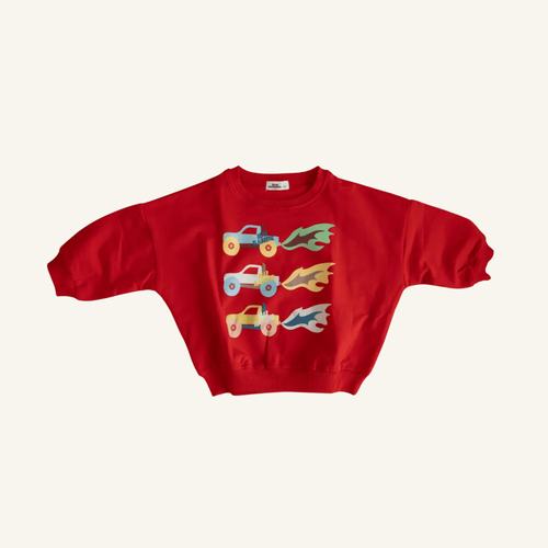 Burnout Monster Truck bubble sweatshirt in cherry red with vintage monster trucks and flames