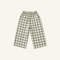 Olive gingham pants for toddlers in lightweight breathable linen with elastic waist