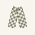 Olive gingham pants for toddlers in lightweight breathable linen with elastic waist