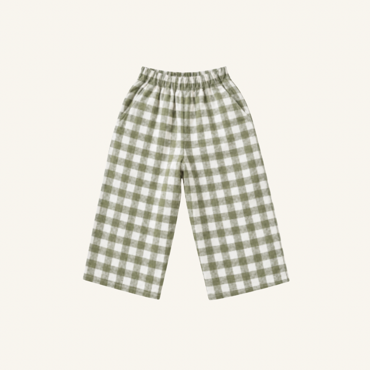 Olive gingham pants for toddlers in lightweight breathable linen with elastic waist