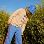 Cornflower and scarlet striped track pants with back patch pocket