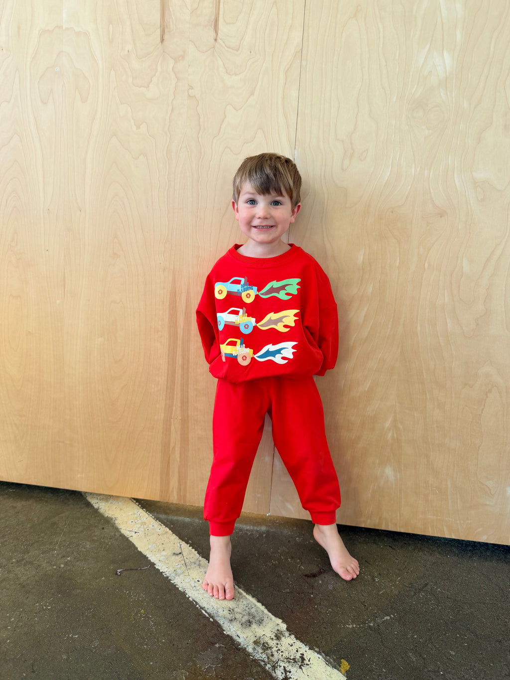 Burnout Monster Truck sweatshirt and Cherry Easy Joggers, matching cherry red toddler outfit