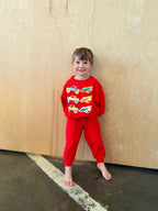 Burnout Monster Truck sweatshirt and Cherry Easy Joggers, matching cherry red toddler outfit