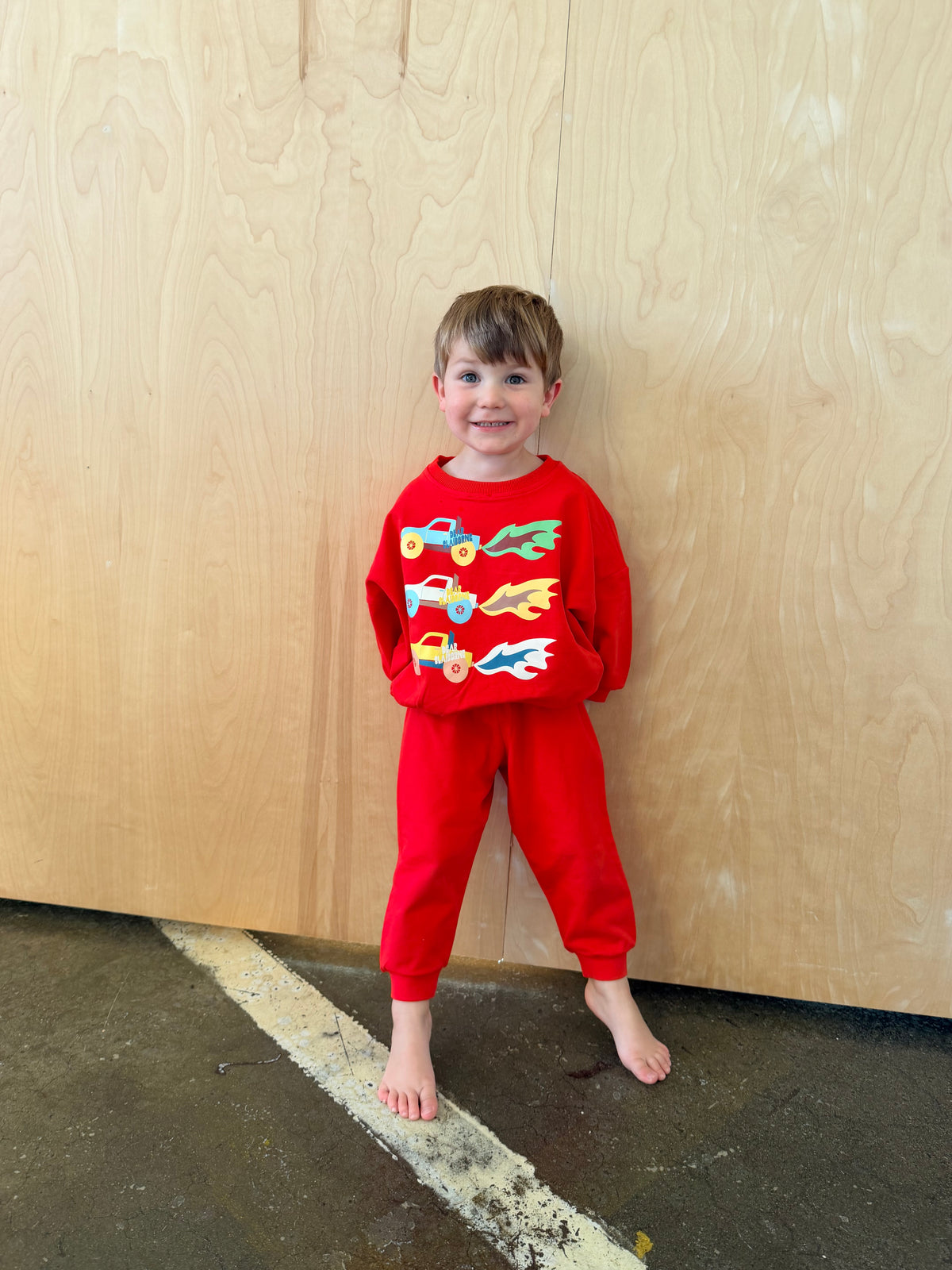 Burnout Monster Truck sweatshirt and Cherry Easy Joggers, matching cherry red toddler outfit