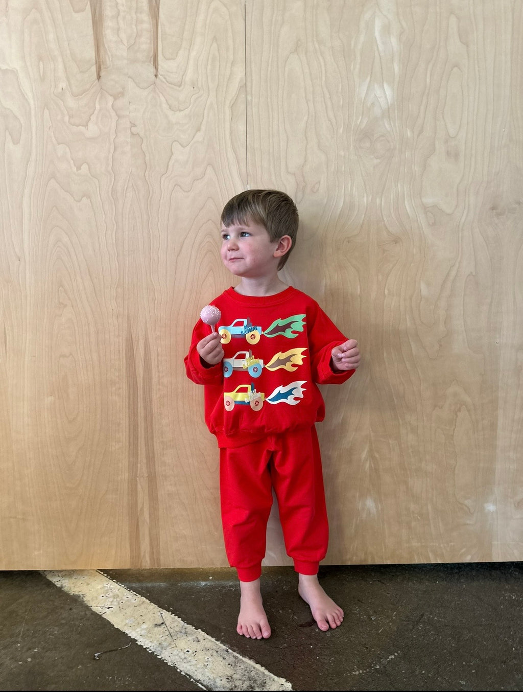 Toddler monster truck sweatshirt with cinched bubble waistband