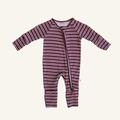 Maroon Stripe bamboo zip pajamas for babies, soft striped footed sleeper