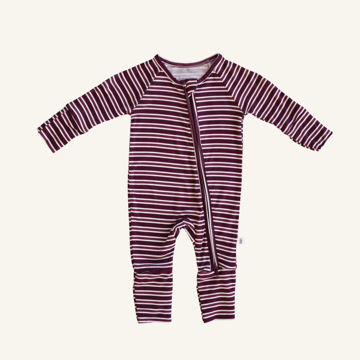 Maroon Stripe bamboo zip pajamas for babies, soft striped footed sleeper