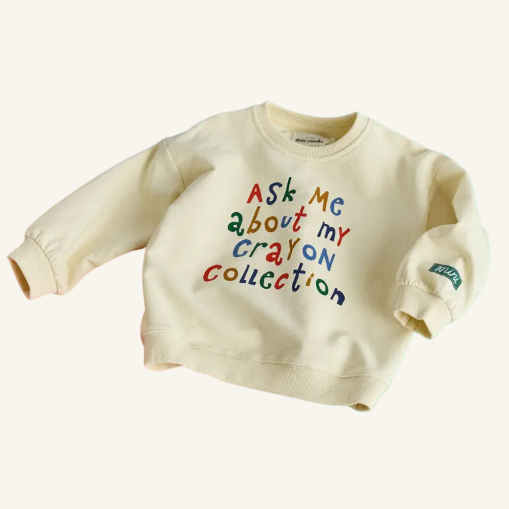 Ask Me About My Crayon Collection oversized toddler sweatshirt with colorful graphic