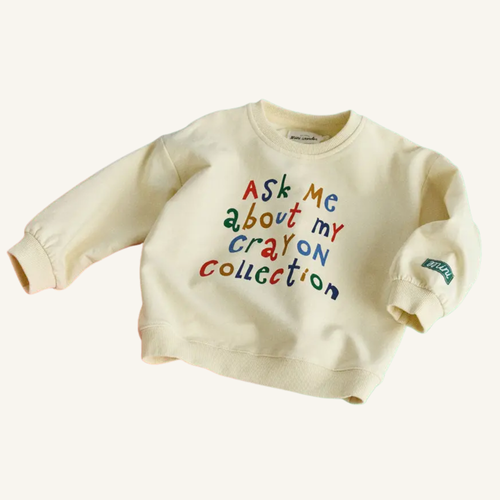 Ask Me About My Crayon Collection oversized toddler sweatshirt with colorful graphic