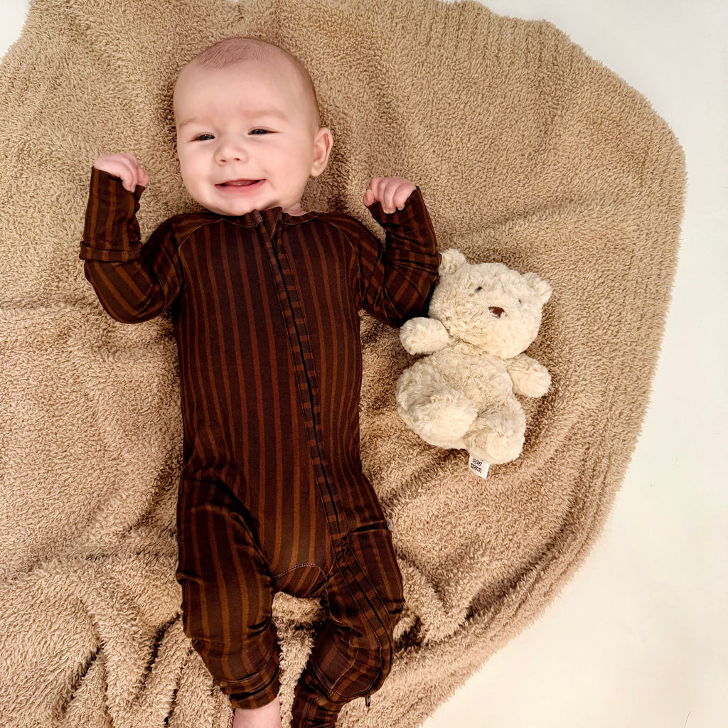 Soft bamboo baby zip pajamas in neutral stripes, 0 to 24 months