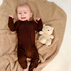 Soft bamboo baby zip pajamas in neutral stripes, 0 to 24 months