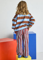 Striped kids sweatshirt paired with the burgundy and blue striped pants