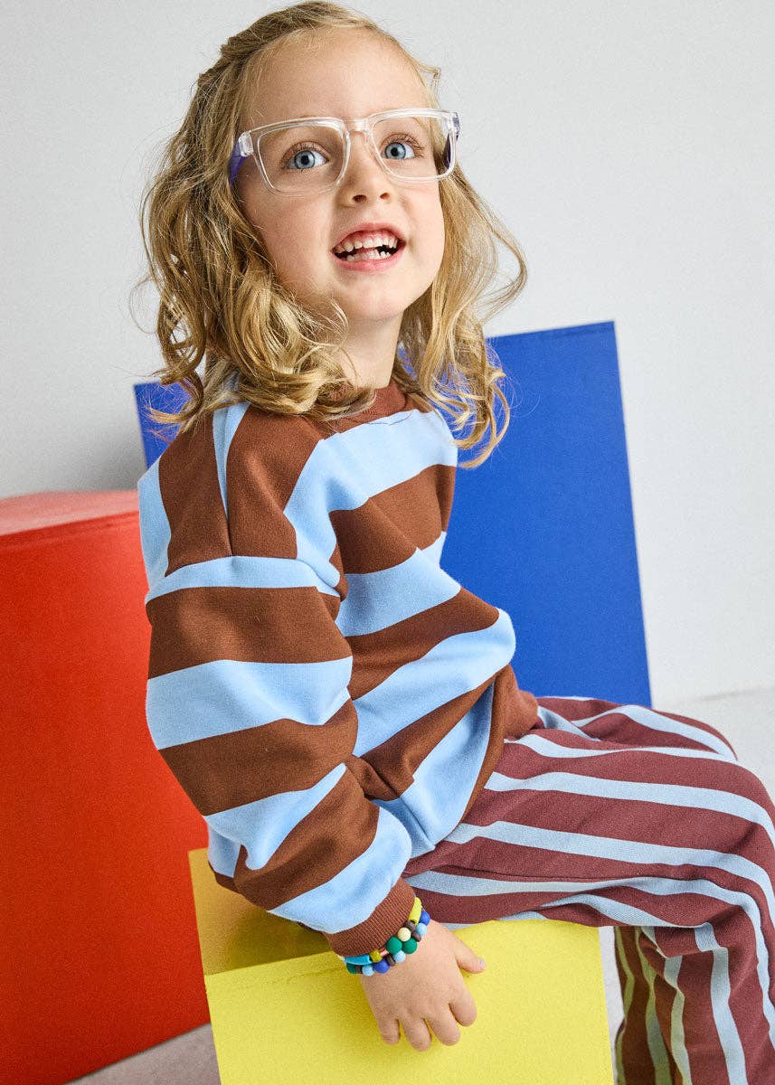 Light blue and brown stripe crewneck for babies and toddlers, 6 months to 6T