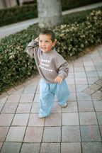 Cream kids crewneck with More Amore graphic in soft cotton