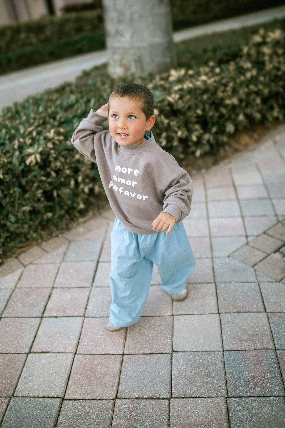 Cream kids crewneck with More Amore graphic in soft cotton