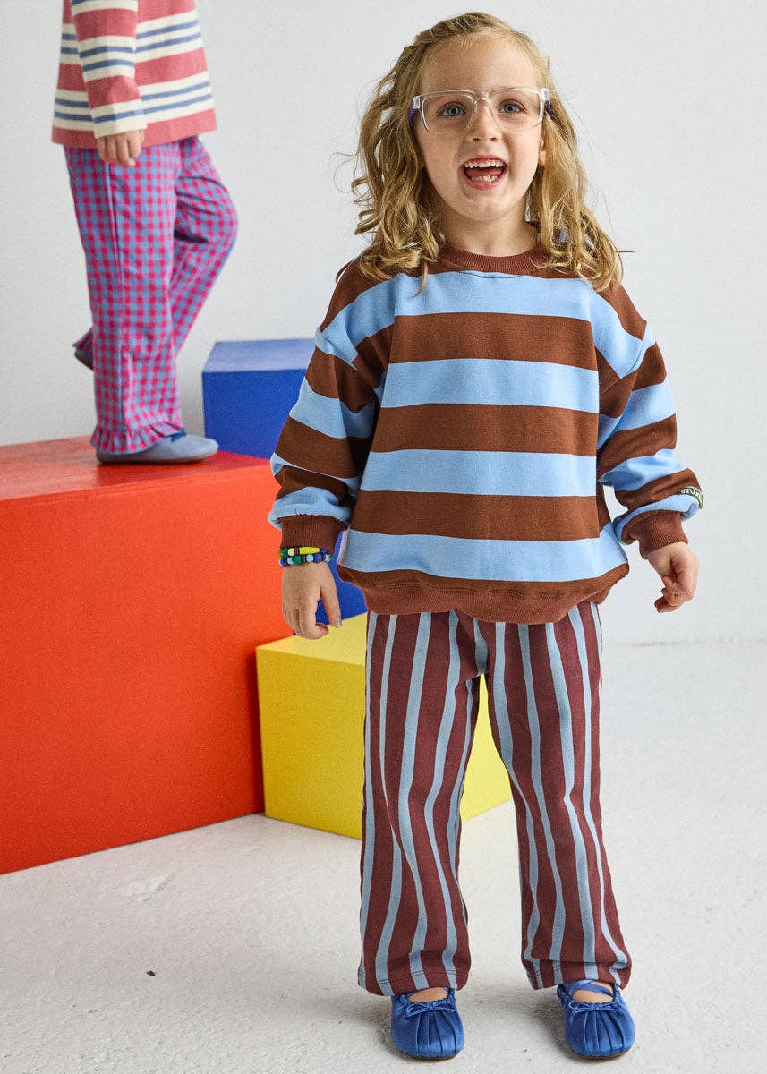 Oversized striped toddler sweatshirt in soft light blue and brown