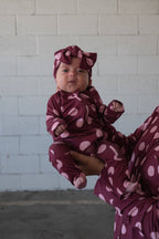 Buttery-soft bamboo viscose baby zip pajamas in heather rose polka dots