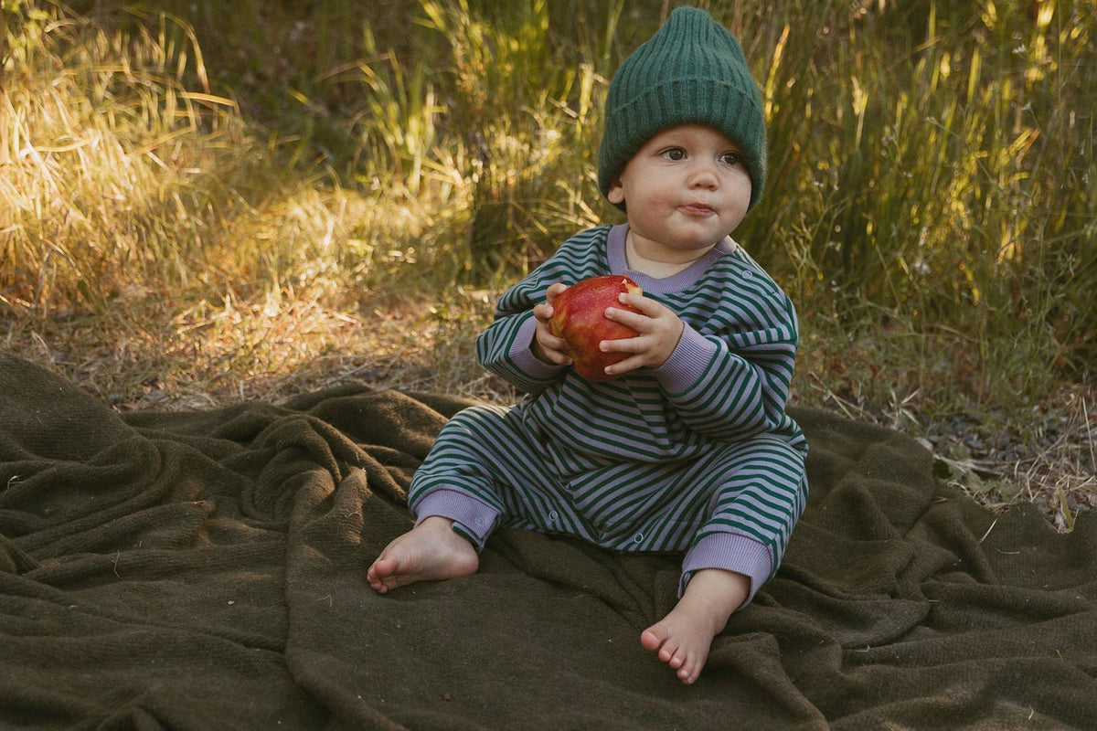 Purple ash striped baby jumpsuit with snaps at the crotch for quick changes
