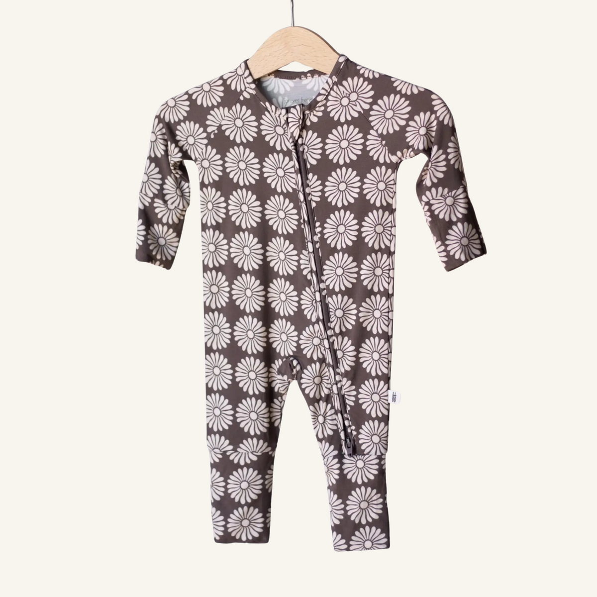 Retro Floral bamboo zip pajama, brown and cream floral one-piece baby sleeper