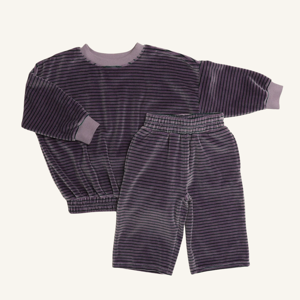 Daryl Set, oversized organic cotton sweatshirt and wide-leg pants in thin purple ash stripe for toddlers