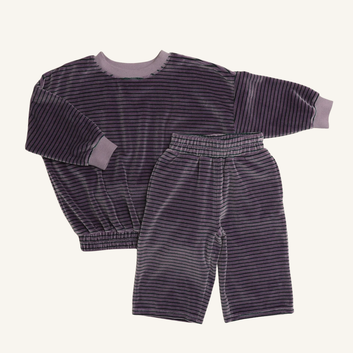 Daryl Set, oversized organic cotton sweatshirt and wide-leg pants in thin purple ash stripe for toddlers