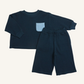 Aiden Set in Deep Blue, organic cotton waffle-knit pocket tee and wide-leg pants for babies and toddlers