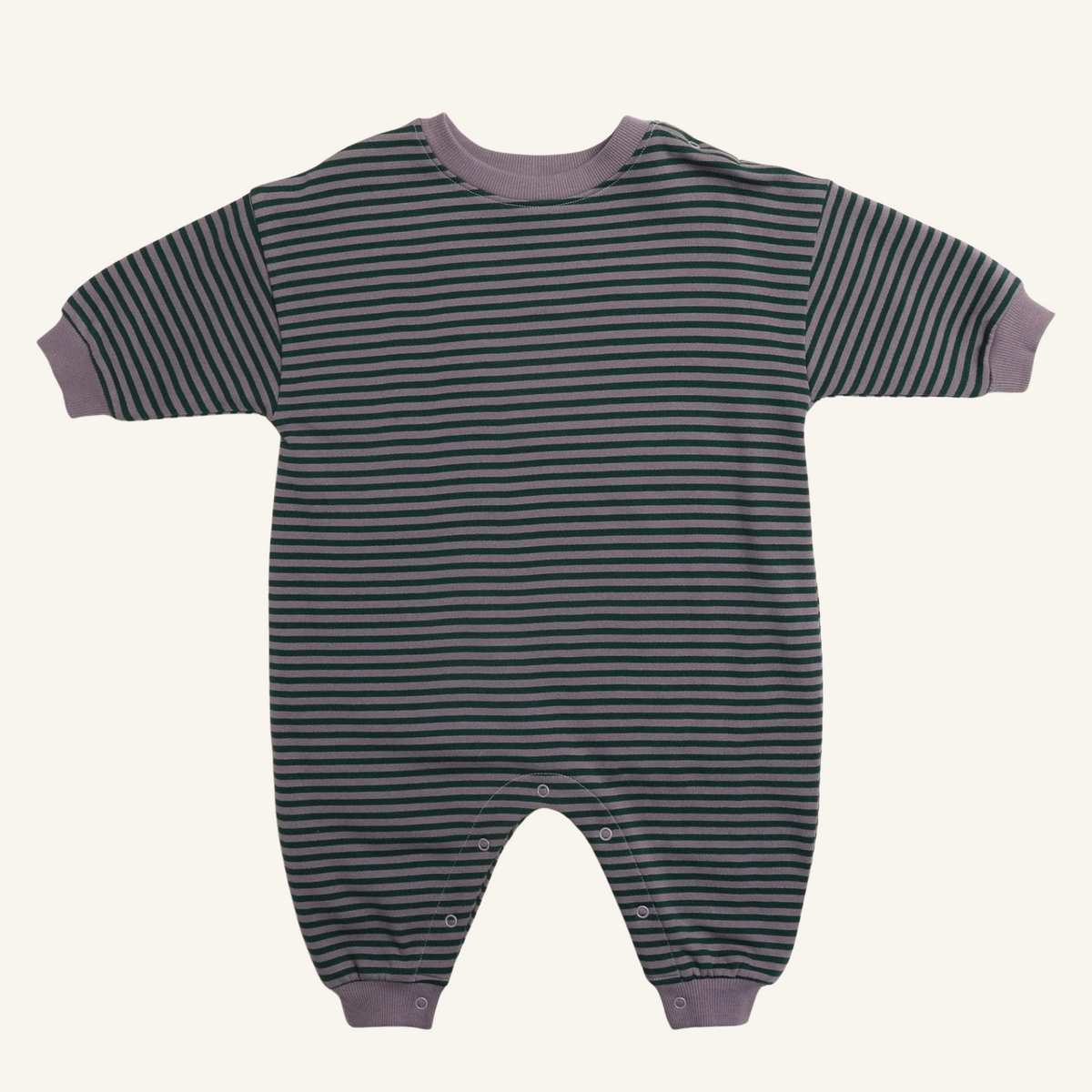 Marlowe Jumpsuit, organic cotton French terry one-piece in purple ash stripe for babies