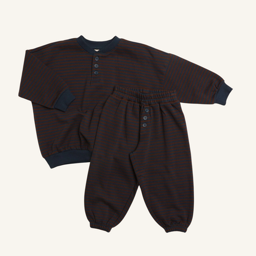 Bailey Set, organic cotton French terry henley and joggers in deep blue chocolate stripe for toddlers