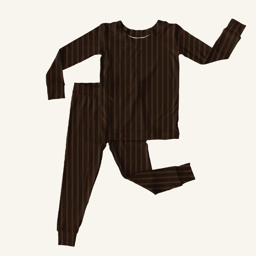 Neutral Stripe bamboo pajama set, brown striped two-piece kids pajamas
