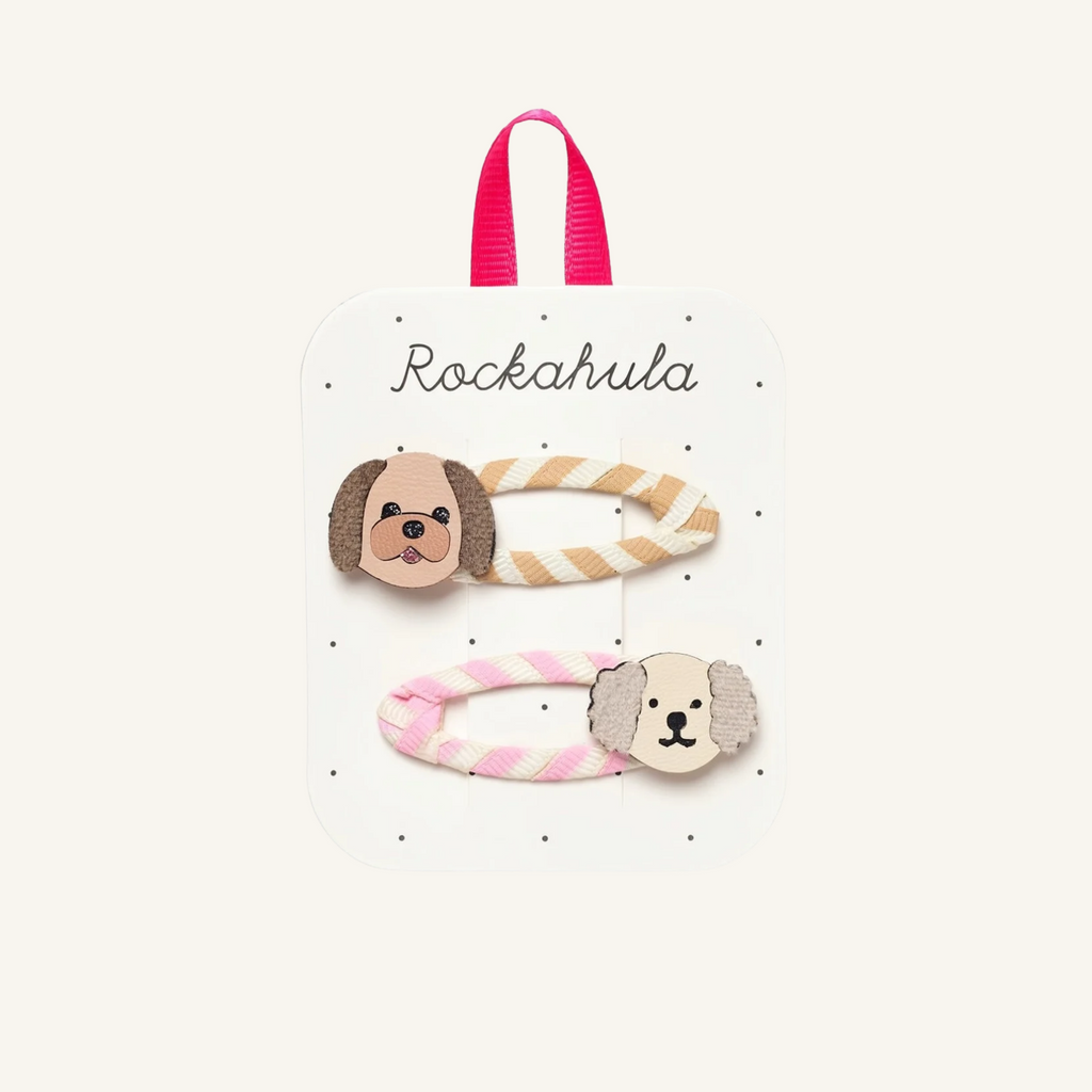 Pippy Puppy snap hair clips with puppy faces on stripy colorful clips