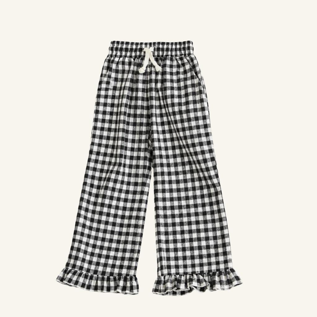 Black and white gingham ruffle hem pants for toddlers with pull-on drawstring waist