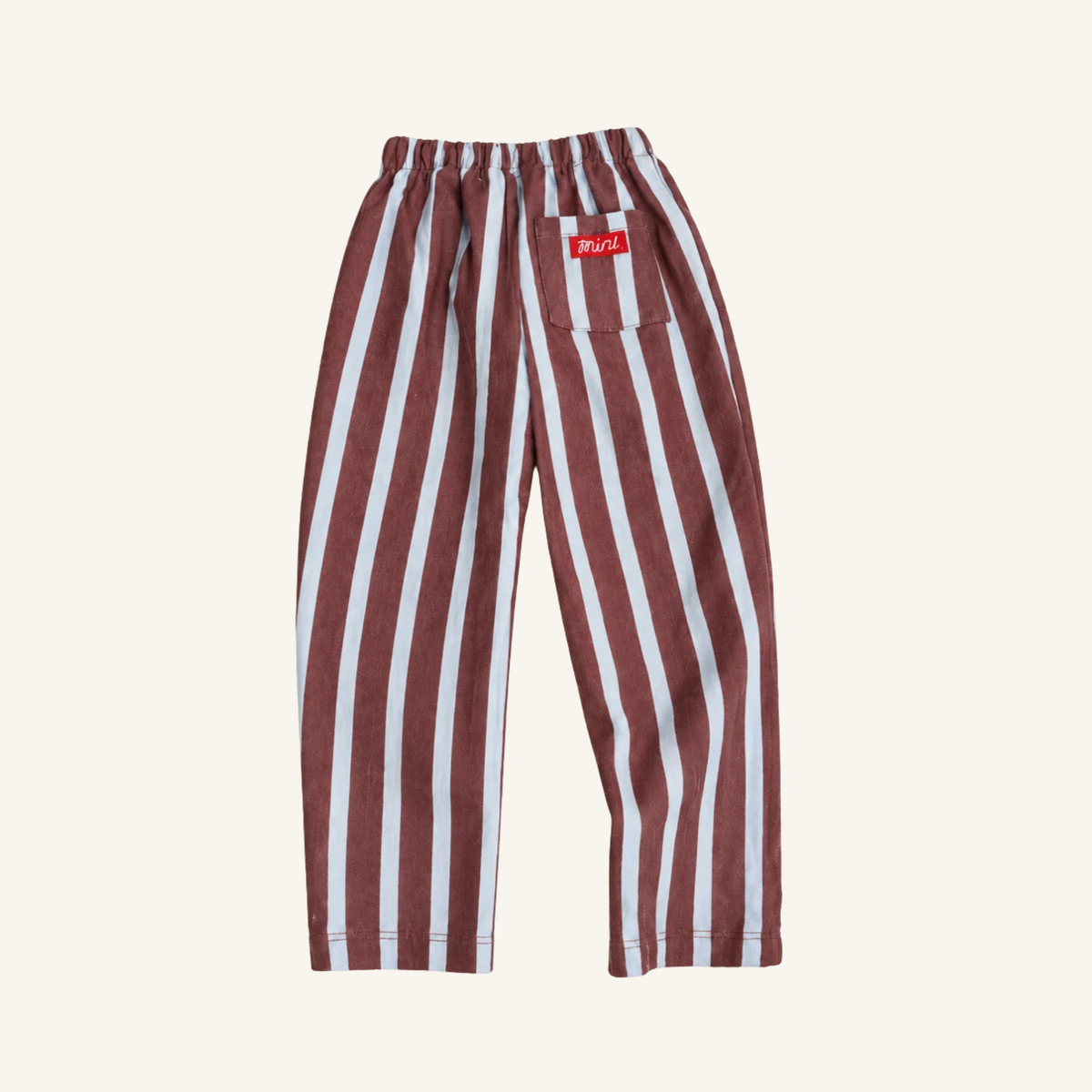 Burgundy and blue striped French terry pants for kids with elastic drawstring waist