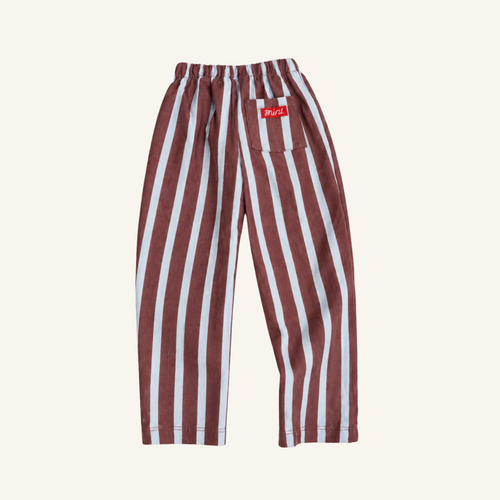 Burgundy and blue striped French terry pants for kids with elastic drawstring waist