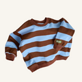 Light blue and brown striped sweatshirt for kids with colorful sleeve detail