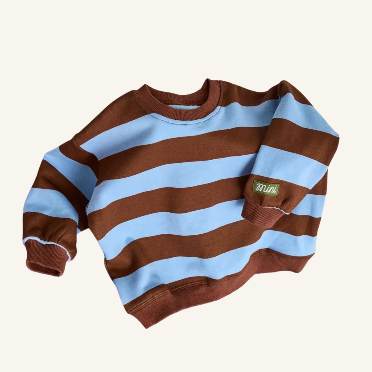 Light blue and brown striped sweatshirt for kids with colorful sleeve detail